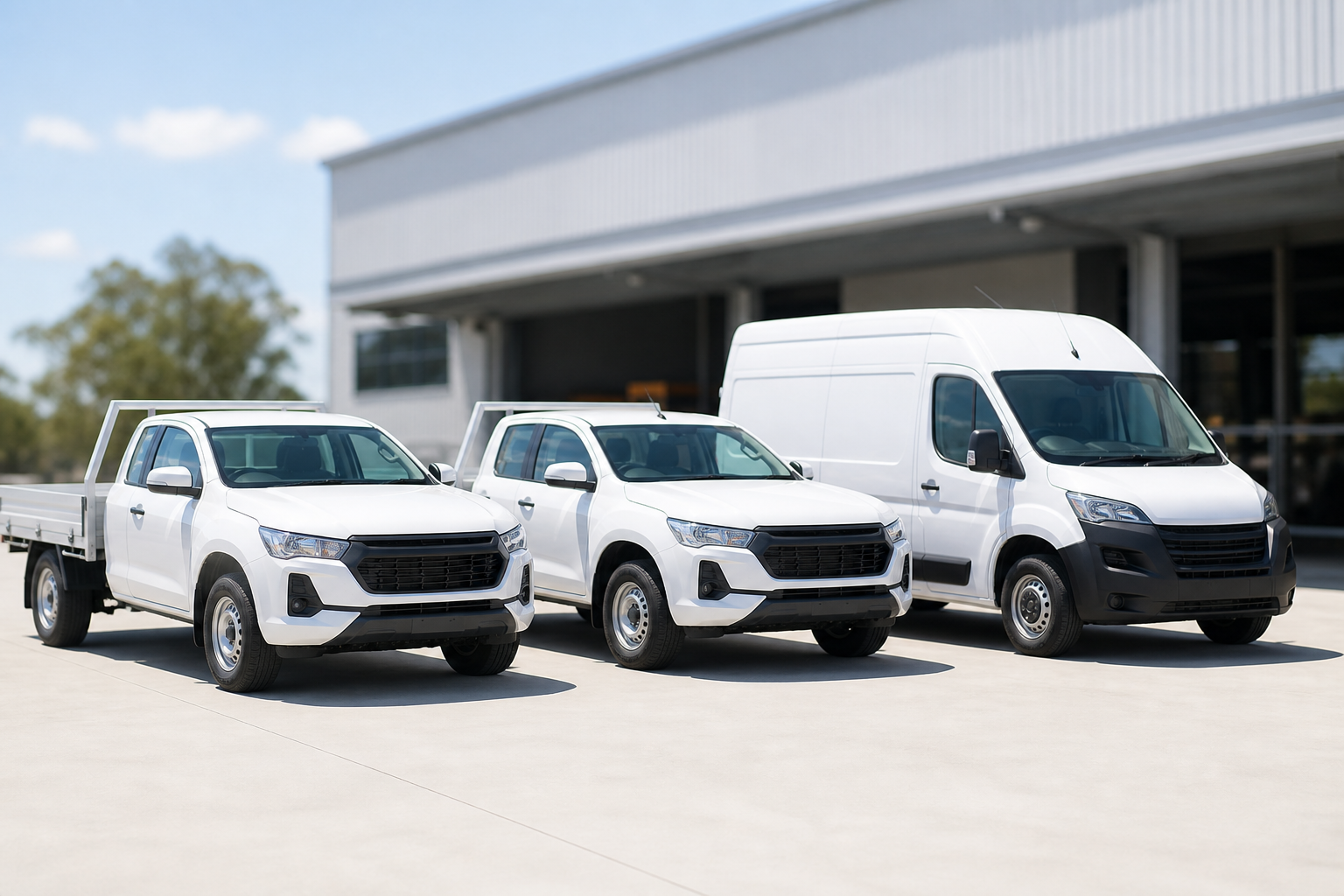 Fleet of trade-ready utes and vans outside a workshop