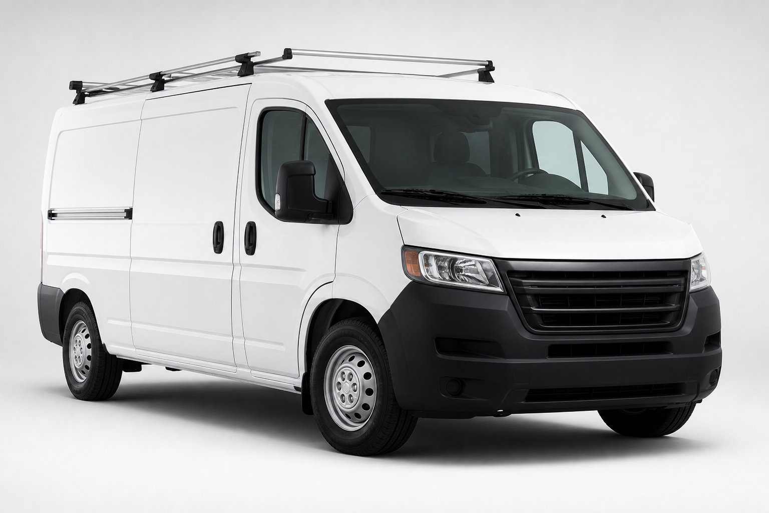 White commercial work van with roof racks