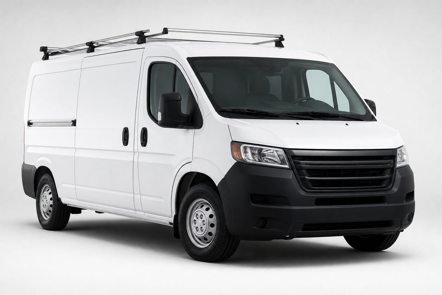 White commercial work van with roof racks