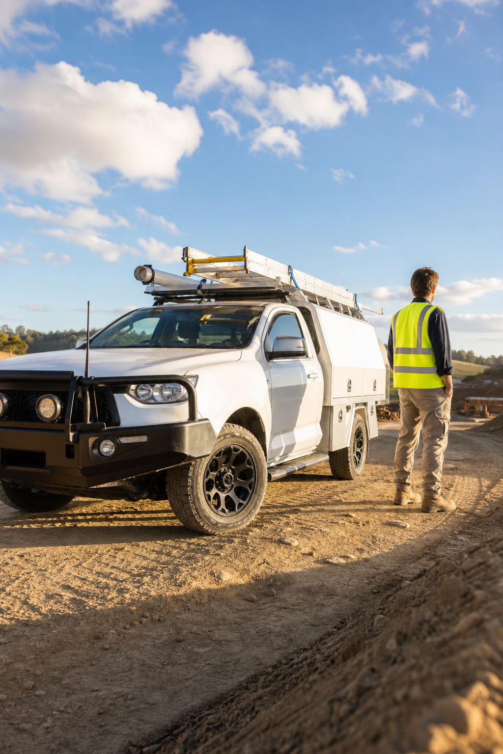 Australian tradesperson beside a fully fitted work ute at a job site